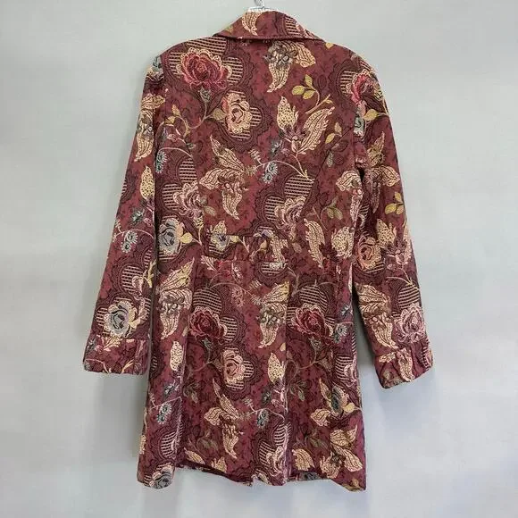 CAbi burgundy Jacobean burgundy floral jacquard tapestry long jacket Size 14